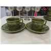 Image 8 : Olive Green Coffee Pot with 6 Cups, Saucers, Sugar Bowl, Creamer; 8 Stainless Mugs and Wine Goblets