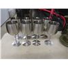 Image 9 : Olive Green Coffee Pot with 6 Cups, Saucers, Sugar Bowl, Creamer; 8 Stainless Mugs and Wine Goblets
