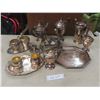 Image 1 : Silver-Plated Tea Pot, Coffee Pots, Creamers, Sugar Bowl, Candlestick Holders and Trays