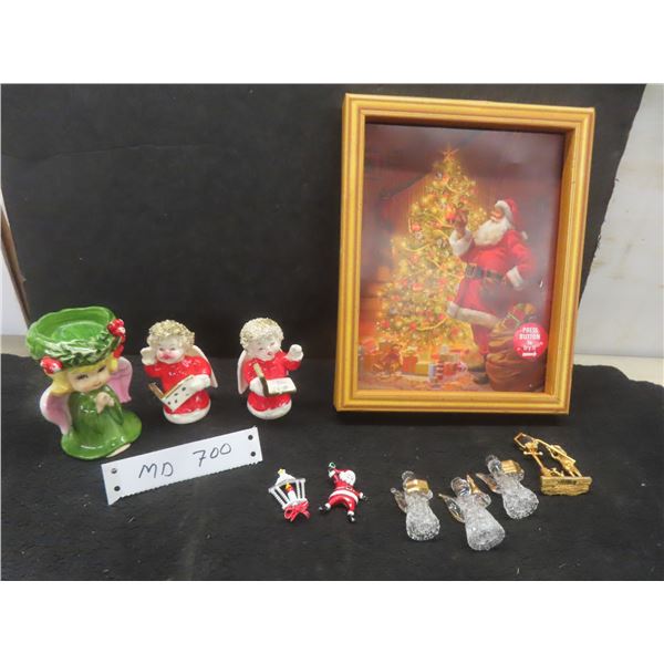 Christmas Décor Lot: Santa Picture (10×8), 2 Brooches, Glass Tree Ornaments and More