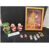 Image 1 : Christmas Décor Lot: Santa Picture (10×8), 2 Brooches, Glass Tree Ornaments and More