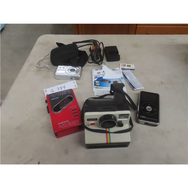 Vintage Electronics Lot: One-Step Polaroid Camera, Sanyo Portable AM/FM/Cassette Player