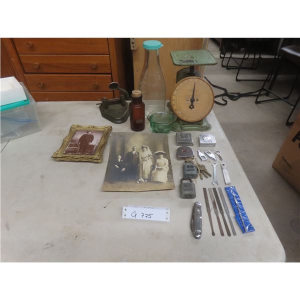Vintage Lot: Universal Household Scale, Modern Dairies Milk Bottle, Marvel 2-Hole Punch