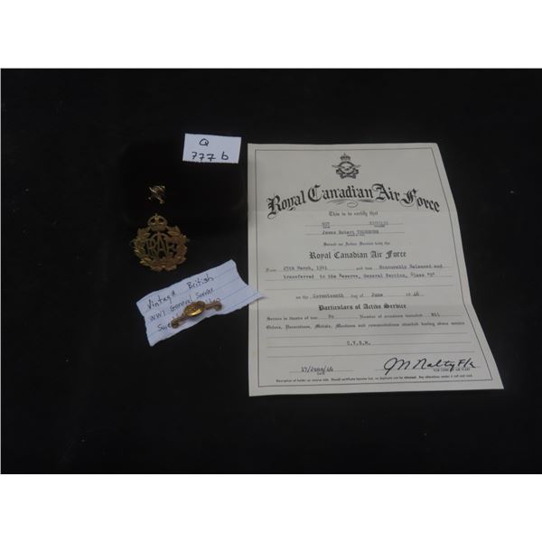 Vintage WWI British General Service Sweetheart Button with RCAF Active Service Certificate (1946) a
