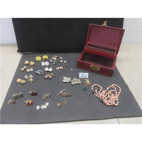 Jewelry Box with Vintage Earrings, Brooches, Beads, Pendants, Cuff Links and More