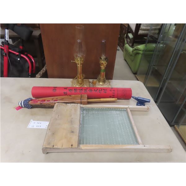 Washboard, Chinese Paper Umbrella, 2 Electric Coal Lamp-Style Lamps and Mini Anvil
