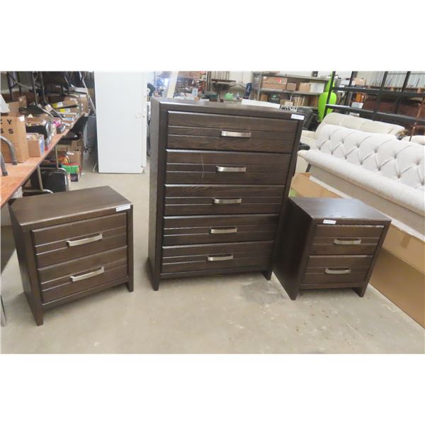 Modern Dresser (50" × 30" × 18 1/2") and 2 Night Stands (26" × 24" × 16")