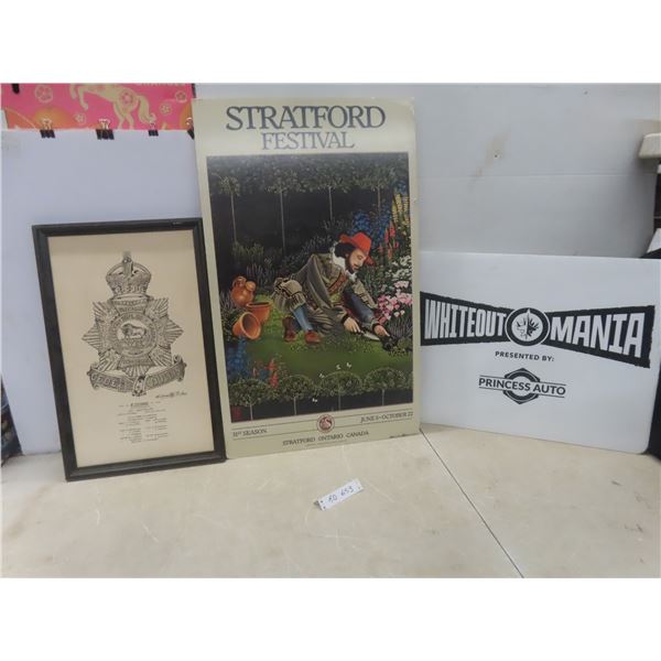 2 Posters: Stratford Festival Ontario, White Out Mania; Framed Nineteen Rifles Battalion Print