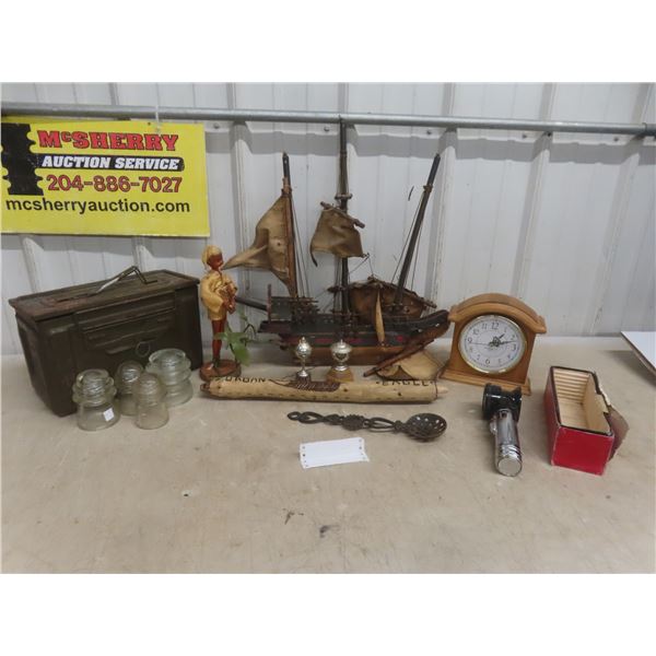 Ammo Box, Electric Insulators, Mantle Clock, Ship Model, Magnifying Flashlight and More