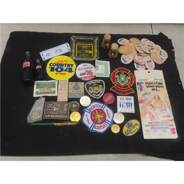Patches, St. Norbert Hotel Ashtray, Milk Caps, John Deere Pin, Bone Salt and Pepper Shaker