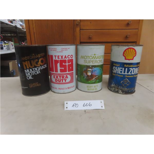 4×1 Quart Cans with Product: Texaco, Motormaster Oil and Shell Antifreeze