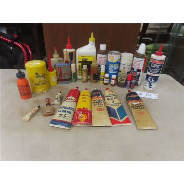 Oils, Lubricants and More, Some with Product: Sunoco Fuel Filter, Esso, Shell Outboard Gear Oil
