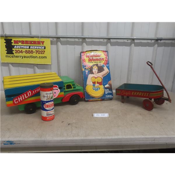 Vintage Toy Lot: Wood Toy Truck w/ Storage (9×24×9"), Metal Eagle Express Wagon (6½×16×7"