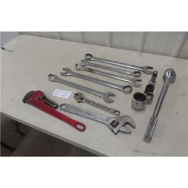 5× 3/4" Drive Ratchet and Socket Set, 18" Pipe Wrench, Crescent Wrench and Wrenches 1" and Up