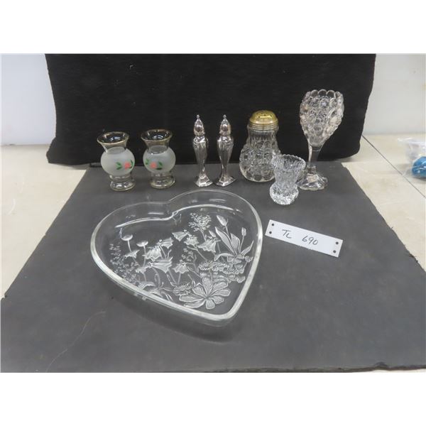 Crystal and Cut Glass: Vases, Serving Plate, Silver-Plated Salt and Pepper Shakers