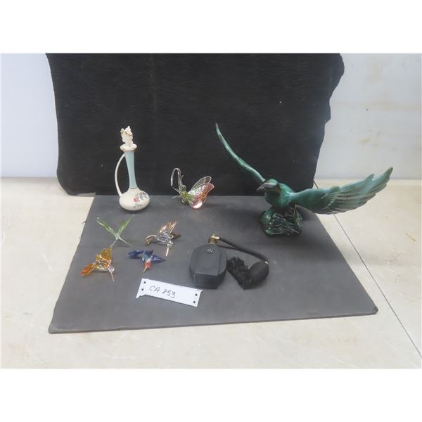 Blue Mountain Pottery, Perfume Spritzer, 4 Glass Hummingbirds, Decorative Butterfly and Ash Tray