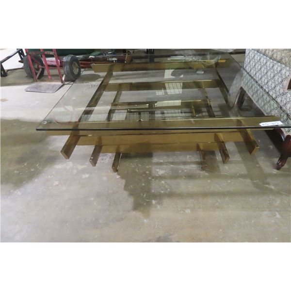 Glass and Brass Coffee Table, 15" × 41" × 41"