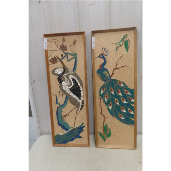 MCM Mosaic Wall Art Panels with Crane and Peacock, Each 13" × 37"