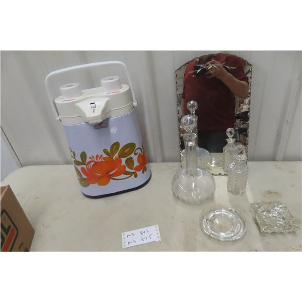 Double Coffee Urn, Crystal Cut Glass Decanter and Ashtray