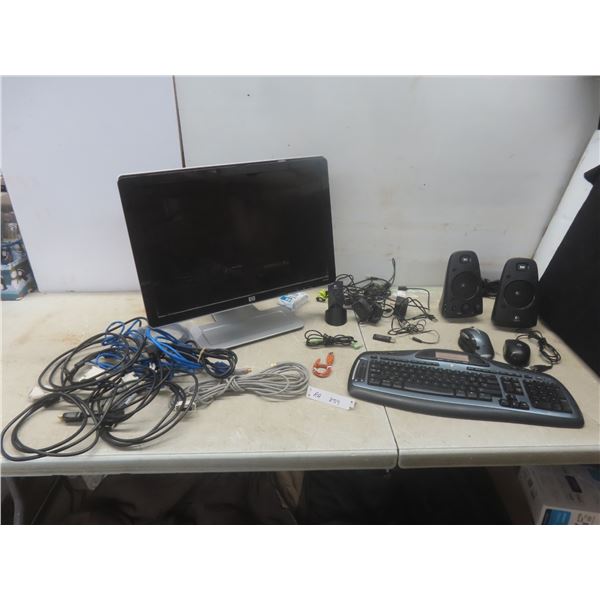 HP 22" Monitor, Logitech Wireless Keyboard, Computer Cables, Thumb Drive, and More – No Power Cord