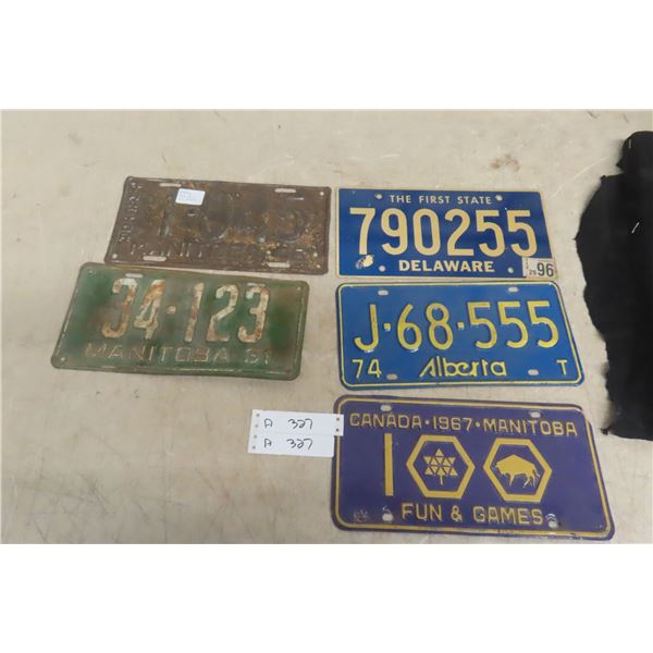 5 Licence Plates: MB 1946 Tractor, MB 1931, 07 MB, 74 Alberta and Delaware