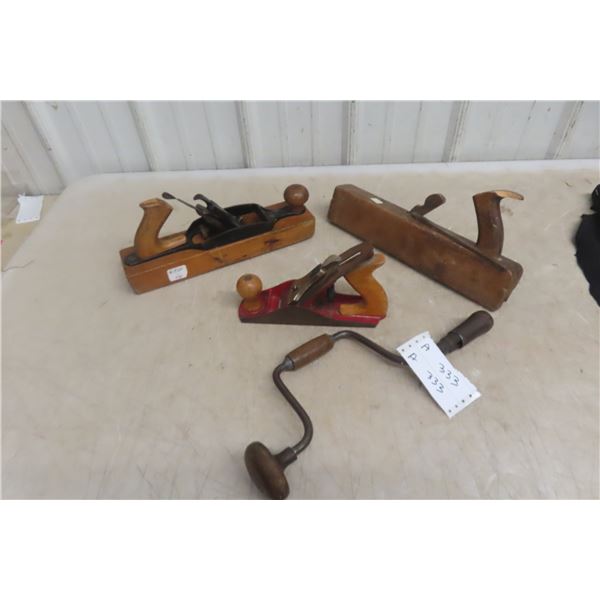 Antique Woodworking Tools: 3 Planes and Drill