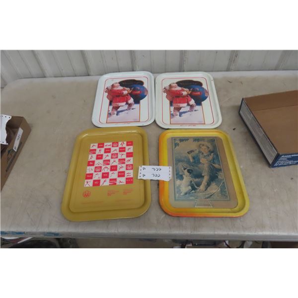 Lot of 4 Vintage Coca-Cola Tin Trays Including Santa, 1976 Olympics and Early Style