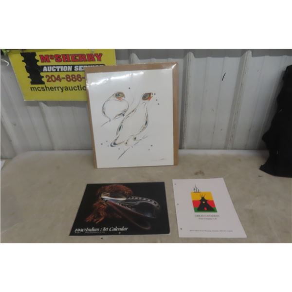 Cobiness 1989 Signed Indigenous Art Print with 1990 Indian Art Calendar 14" x 17"