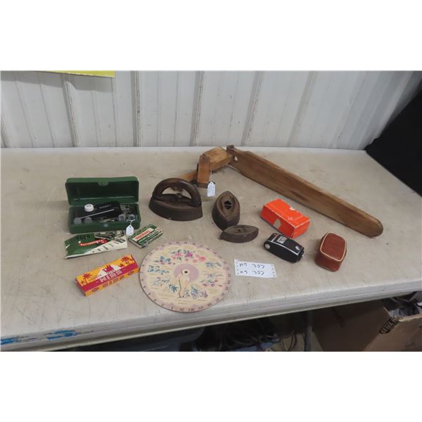 Antique Flat Irons, Wooden Spool Winder, Singer Buttonholer, Agfalux Flash and More