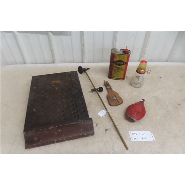 Vintage Glass Cutter, Hero Wire Tool, Store Display, Cream Separator, Gunpowder Press and Flask