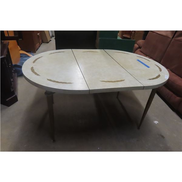 Vintage Mid-Century Oval Formica Dining Table with Leaf Motif and Metal Legs 30.5" x 59.5" x 41.5"