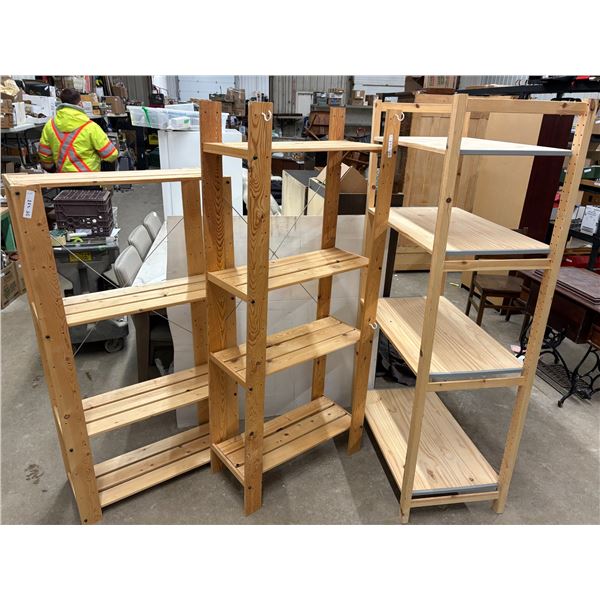 3 Adjustable Wood Shelving Units: 70" × 35" × 20", 58" × 30" × 13" and 68" × 30" × 13"