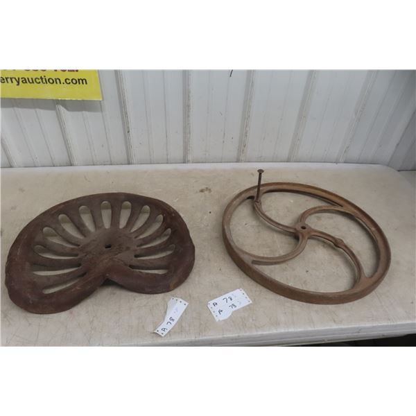 Metal Implement Seat and Antique Crank Tractor Drive Wheel (20" Diameter)