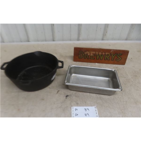 Cast Pot, Stainless Serving Dish, Wood Drawers Sign