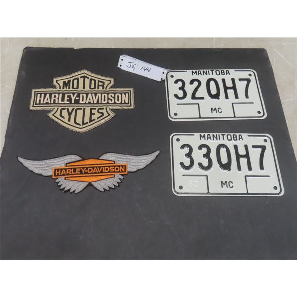 Two Never-Used 1983 Manitoba Motorcycle Plates and Two Harley Davidson Patches