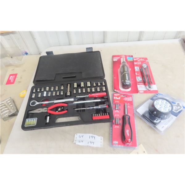 New Screwdriver Tool Set, 3/8" + 1/4" Sockets, Load Light and Utility Knives