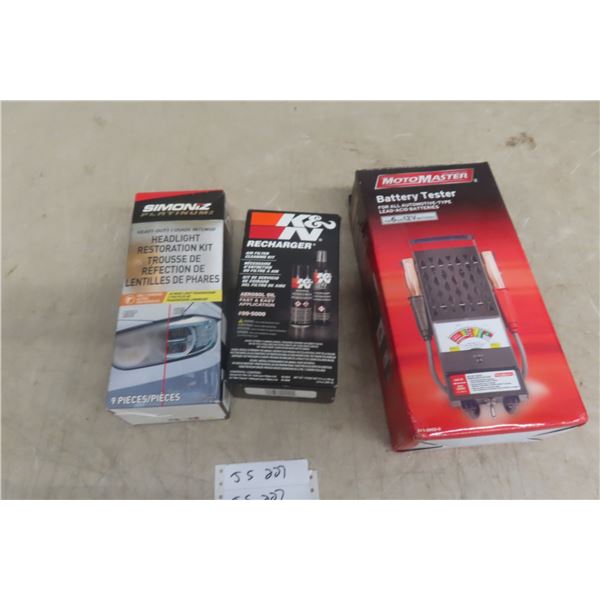 New Motomaster Battery Tester, Air Filter Cleaner Kit and Headlight Restoration Kit