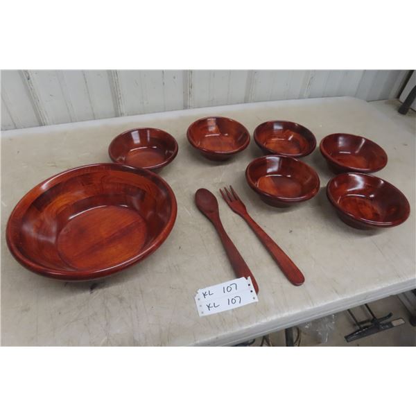 New Turned Wood Salad Bowl Set with Utensils – 9 Pieces
