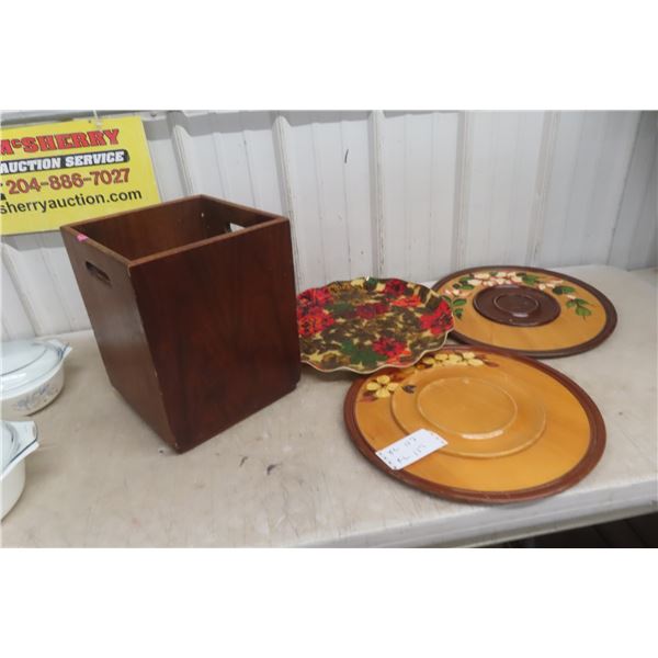 Pair of Vintage MCM Round Wood Trays and One Fab Hardy MCM Round Tray and More