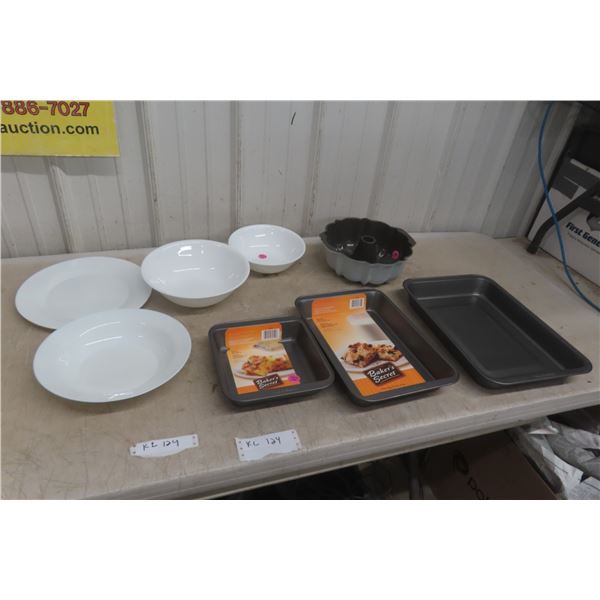 Set of 3 Baker's Secret Bake Pans (Oblong, Deep Dish & Square), Used Bundt Pan and More
