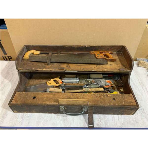 Vintage Wooden Tool Box 3' x 16" Plus Assortment of Tools Hand Saws Etc
