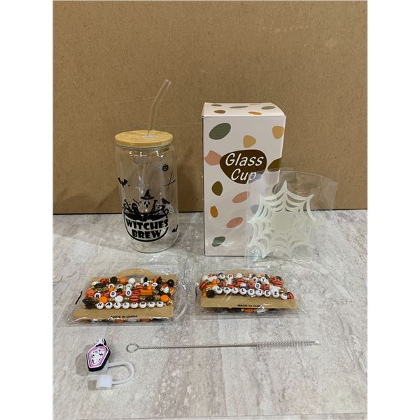 2 Pack of Halloween Glass Cups w/ Wooden Lid & Straw & Decorations