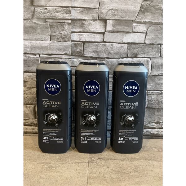 Lot of 3 - 3 in 1 Nivea Men Active Clean Shower Gel