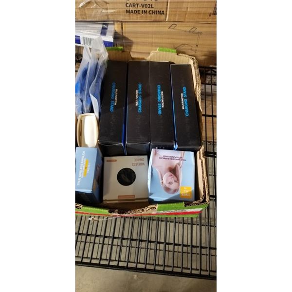 TRAY OF ASSORTED NEW ITEMS INCLUDING MULTI CHARGERS, BLUETOOTH HEADPHONES AND MORE