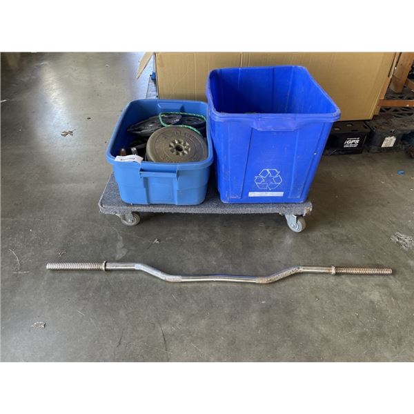 2 TOTES OF ASSORTED WEIGHT PLATES AND DUMBELL AND CURL BARS