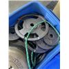 Image 5 : 2 TOTES OF ASSORTED WEIGHT PLATES AND DUMBELL AND CURL BARS