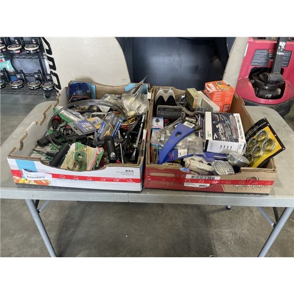 2 TRAYS OF MISC AUTOMOTIVE, WIRING, LIGHTS, HOLD DOWNS ETC