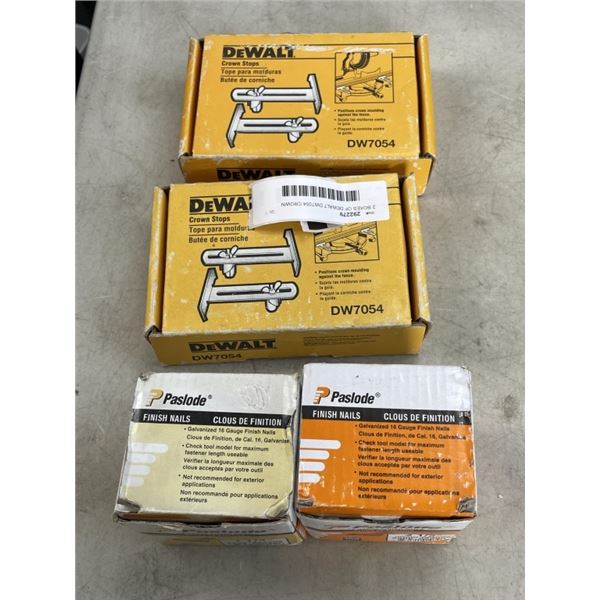 2 BOXES OF DEWALT DW7054 CROWN STOPSAND 2 BOXES PASLODE 2-1/2 FINISH NAILS