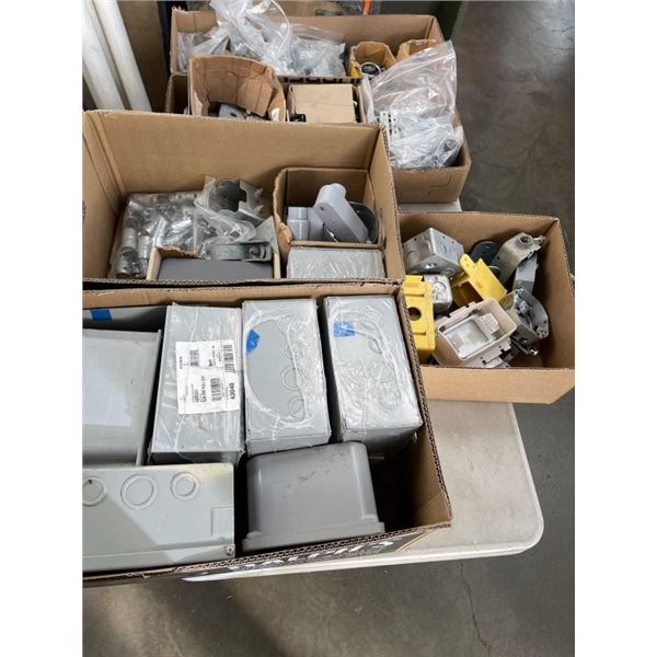 LARGE LOT OF ELECTRICAL  ACCESSORIES - BOXES, CLIPS, BRACKETS, ETC