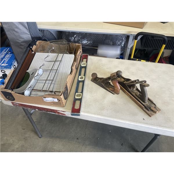 2 ANTIQUE WOOD PLANES, LEVEL, PAPPER CUTTER AND ASSORTED HOUSEHOLD ITEMS